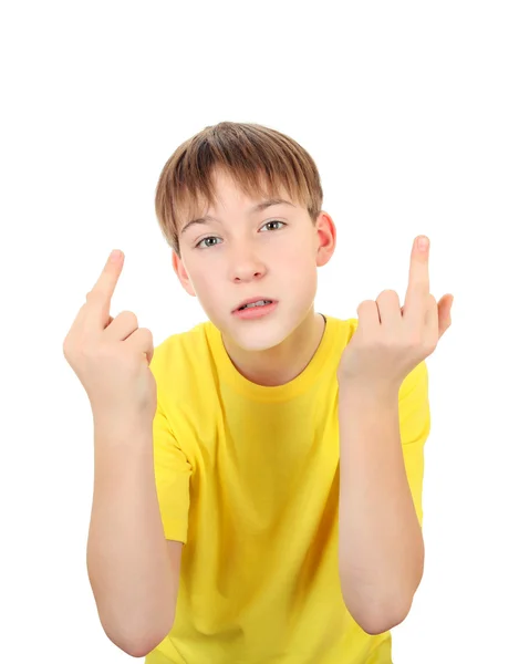 Niño con el gesto de los dedos medios — Foto de Stock