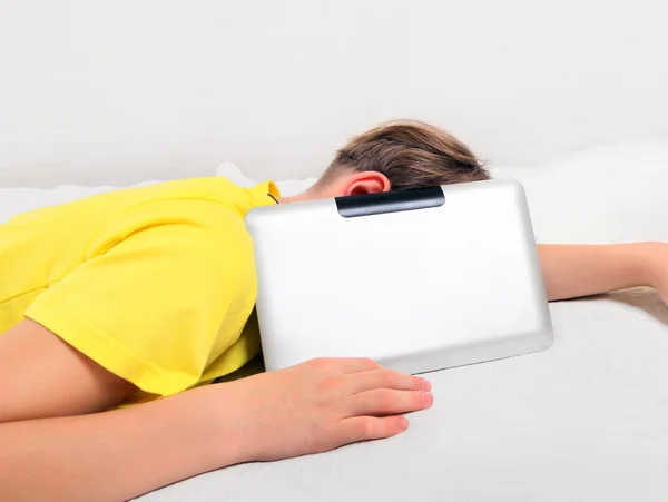 Tired Kid with Tablet Computer — Stock Photo, Image