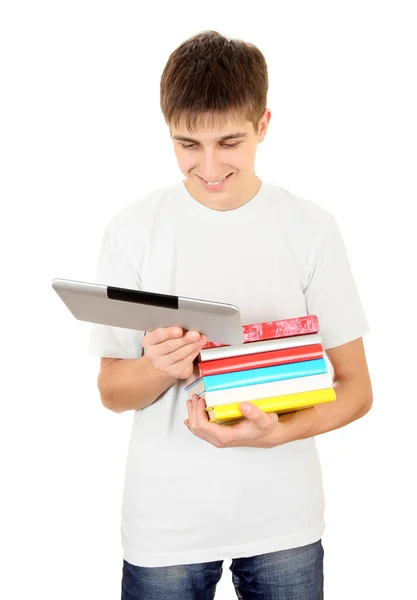 Studente con libri e tavoletta — Foto Stock