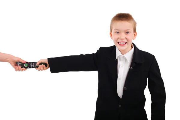 Kid with TV set Remote Control — Stock Photo, Image