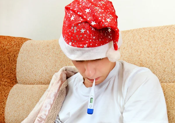 Sick Young Man with Thermometer — Stock Photo, Image