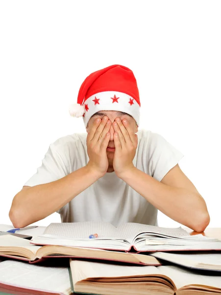 Étudiant fatigué à Santa Hat — Photo