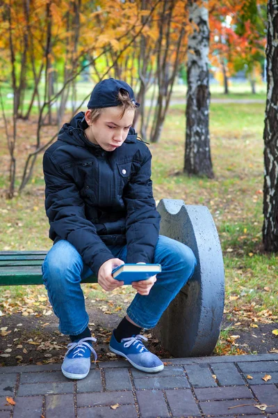 Könyv Őszi Parkban Szomorú Tinédzser — Stock Fotó