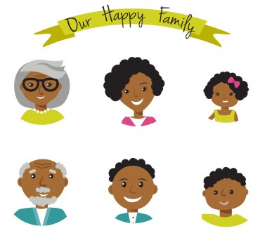 Mutlu bir Afro-Amerikan Aile Portreler altı üye karşı karşıya: Anne, oğlu ve kızı ve büyükanne ve büyükbaba. Vektör çizim.