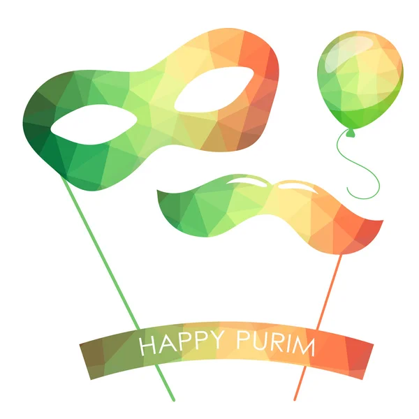 Svátek Purim karty nebo banner design. Světlé karnevalovou masku, ballon a kníru. — Stockový vektor