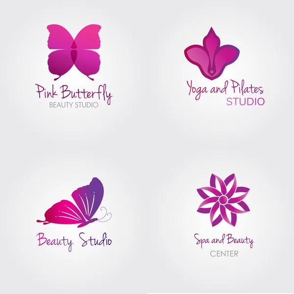 Spa-Logo-Set vorhanden. Logos von Schmetterling und Blume. — Stockvektor