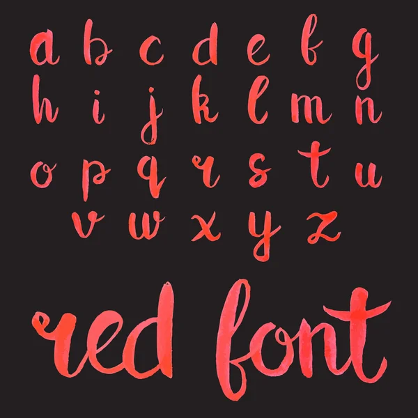빨간 잉크 손으로 그려진된 알파벳 소문자. 표현 서 예 글꼴입니다. 서 예 붓 페인트 스크립트 폰트입니다. 벡터. — 스톡 벡터