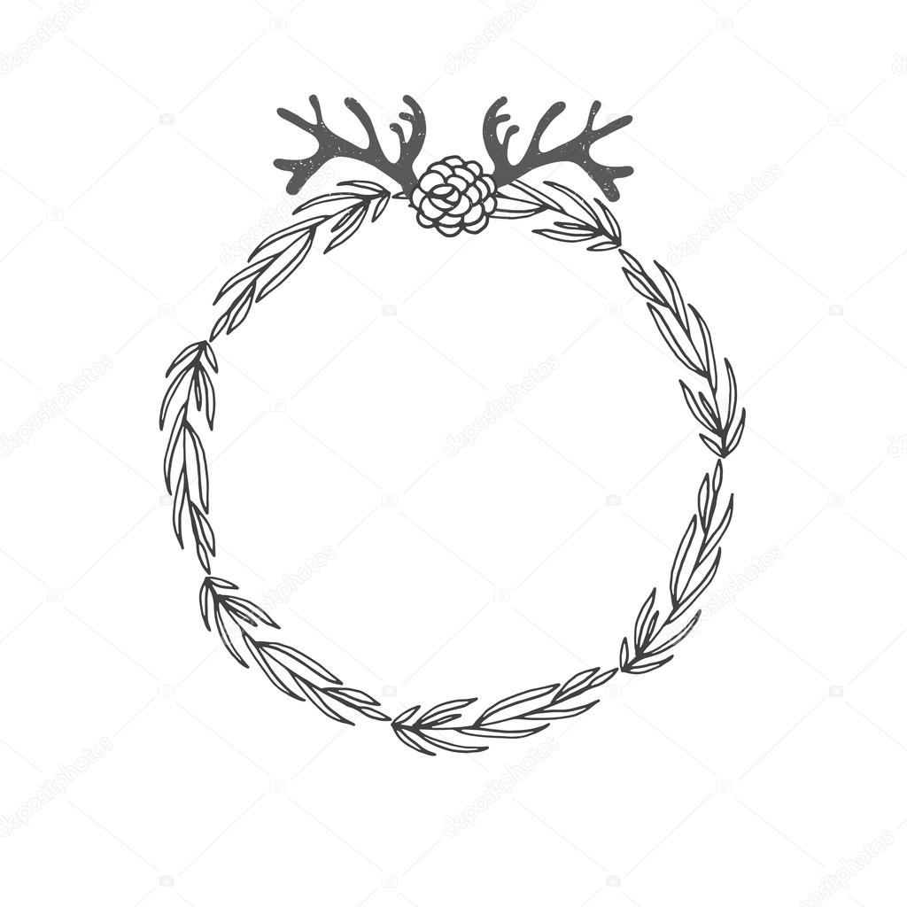 Laurel wreath with brunch, horn and flowers. Decorative element at engraving style