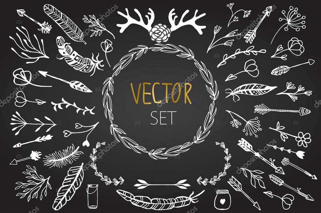 Set of vector vintage rustic tribal and floral elements. Set of flowers, feathers, horns, glass jars, arrows in rustic styleDecoration elements for design invitation, wedding cards, valentines day, greeting cards