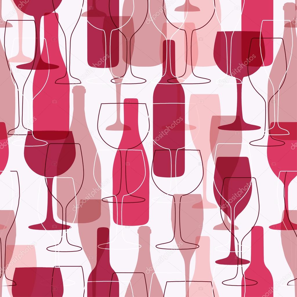 Seamless background with wine bottles and glasses. Bright colors wine pattern for web, poster