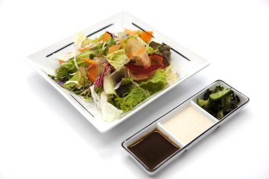 Lahana, renkli lahana, havuç, soya sosu ve turşu ile porselen tabakta soğan taze yaprakları salata.