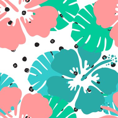 Dikişsiz tropikal çiçek desen arka plan. Siyah ve beyaz polka nokta arka plan üzerinde Hibiscus çiçek, dikişsiz desen