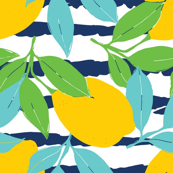 Lemon pattern. Seamless decorative background with yellow lemons and green leaves on black stripes grunge background. — Stock Vector