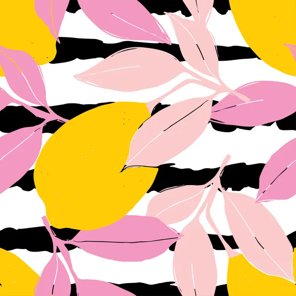 Citron mönster. Sömlös dekorativ bakgrund med gula citroner och rosa löv på svarta ränder grunge bakgrund. — Stock vektor