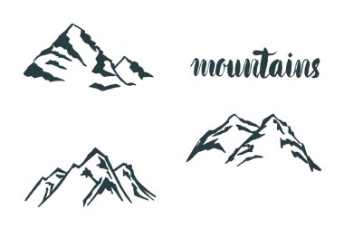 Set Mountain el hrawn hogo. Logo, etiket, etiket, rozet ve diğer vintage tarzı vektör tasarım elemanı. Dağ logosu, sembol, retro tarzı simge.