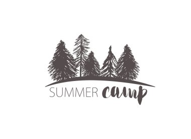 Vektör kamp amblemi. Dağ manzarası arka planında grunge deseni olan açık hava aktivite sembolü