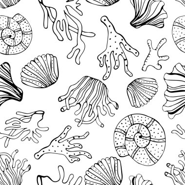 Deniz kabukları ve mercanlar sorunsuz arka plan.