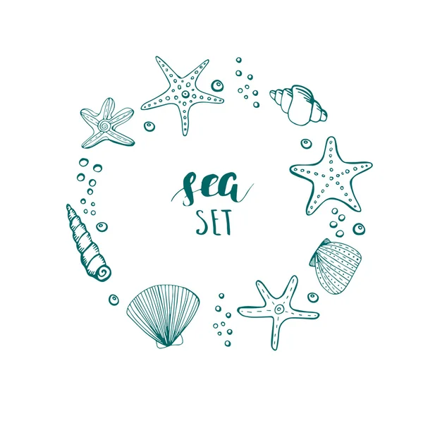 Marco del círculo vectorial de verano. Fondo vectorial con conchas marinas, estrellas de mar y corales . — Vector de stock