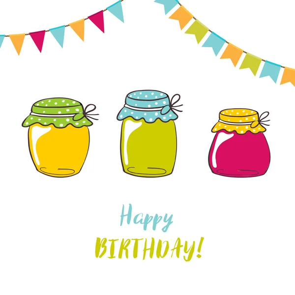 Födelsedagskort med sylt burkar och pensel bokstäver text "Grattis på födelsedagen". — Stockfoto