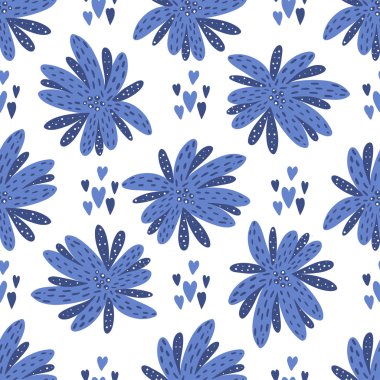 Dikişsiz vektör arka planı. Mavi ve beyaz renklerde güzel soyut çiçekler