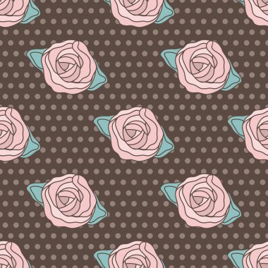 Kahverengi ve beyaz polka nokta arka plan üzerinde tırmanma gül ile Vintage vektör desenleri.
