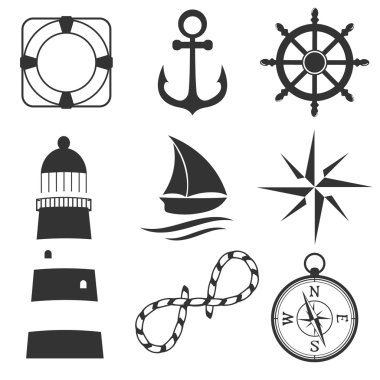 Deniz tasarım elemanları çapa, denizyıldızı, tekerlek, tekne, balık, halat, çan, lifebuoy, deniz feneri, bayrak, pusula