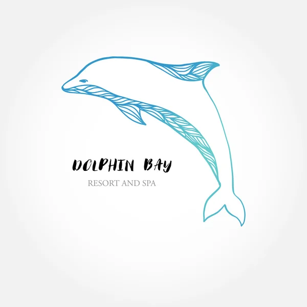 Dauphin bleu logo signe. Conception de logotype vectoriel avec poissons et lieu fotr tagline — Image vectorielle