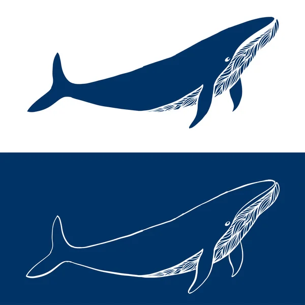 Grande Baleia. Logotipo de peixe desenhado à mão Design de ícone simples em cores azul e branco. Ilustração vetorial —  Vetores de Stock