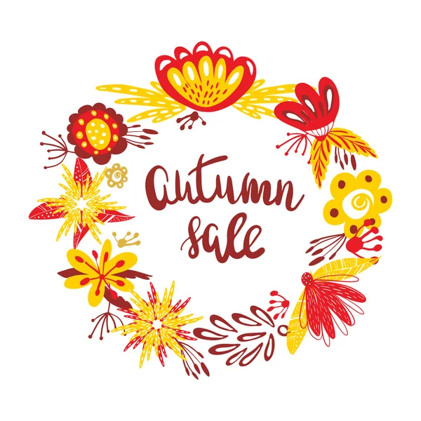 Autumn Sale. The trend calligraphy text in wreath from autumn leaves and flowers. Beautiful round wreath of autumn leaves. — Stock Vector