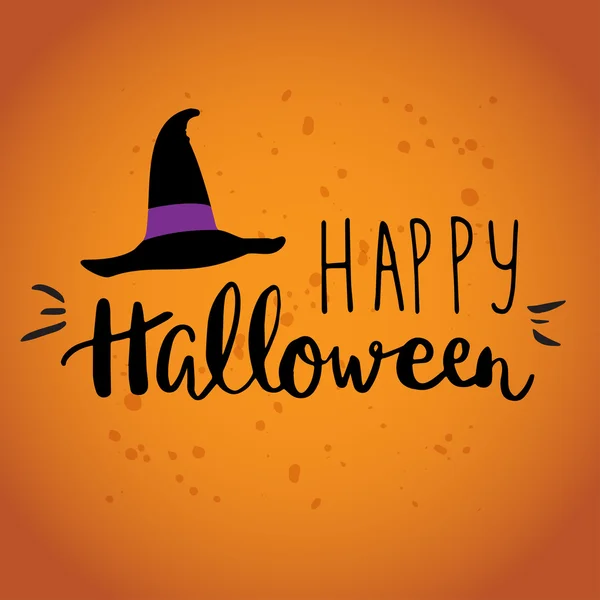 Bonito convite do dia das bruxas ou modelo de cartão de saudação com bruxa negra eclodir e escrito à mão frase de lettering Feliz Halloween. Pode ser usado para banner, cartaz e web design . — Vetor de Stock