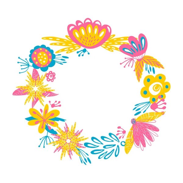 Vektor blomsterkrans. Abstrakt design med Doodle handritade blommor ram. Kan användas som bröllopsinbjudan, gratulationskort och spara datum kortet. — Stock vektor