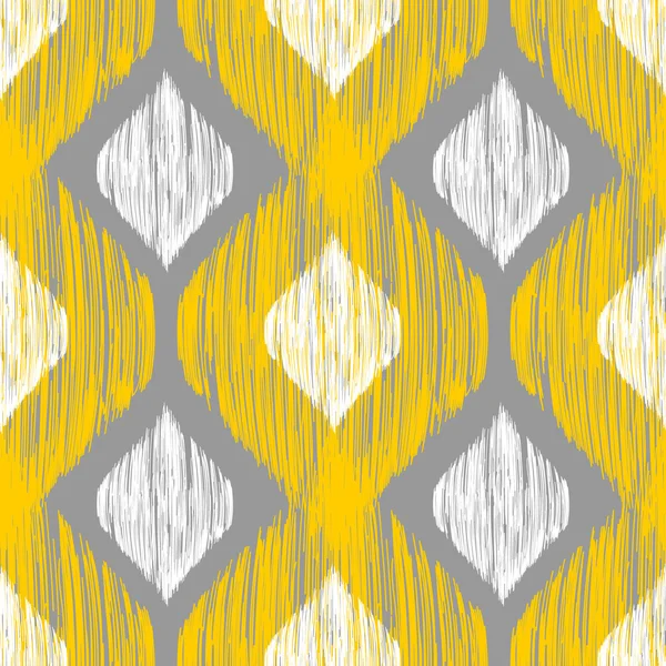 Motivo senza cuciture rombo giallo, bianco e grigio in stile ikat nativo . — Vettoriale Stock