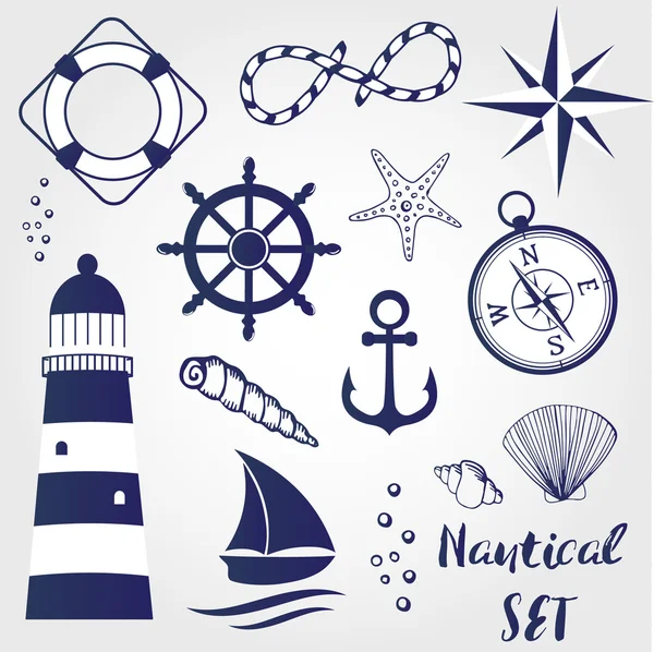 Nautical design elements lighthouse, seashell, coral, starfihh, rope, anchor, steering wheel, life buoy, the wind rose, compass, ship — Stock Vector