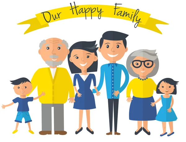 Happy family illustration. Father, mother, grandparents, son and daughter portrait with banner. — Stock Vector