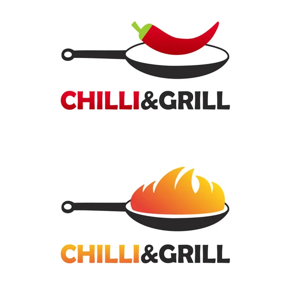 Logotipo de comida china picante y caliente con dos sartenes negras. Sartén con fuego y sartén con chile . — Archivo Imágenes Vectoriales