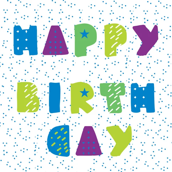 Boldog születésnapot kártya modern geometriai kézzel rajzolt betűk pöttyös dot háttér — Stock Vector
