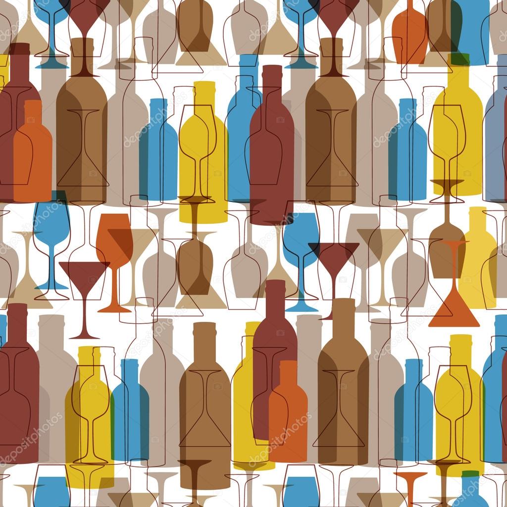 Seamless background with wine bottles and glasses. Bright colors wine pattern for web, poster, textile, print and other design.