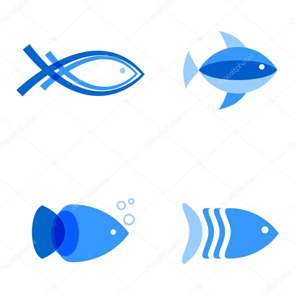 Vector illustration of blue colors fishes. Abstract fish logo set for seafood restaurant or fish shop