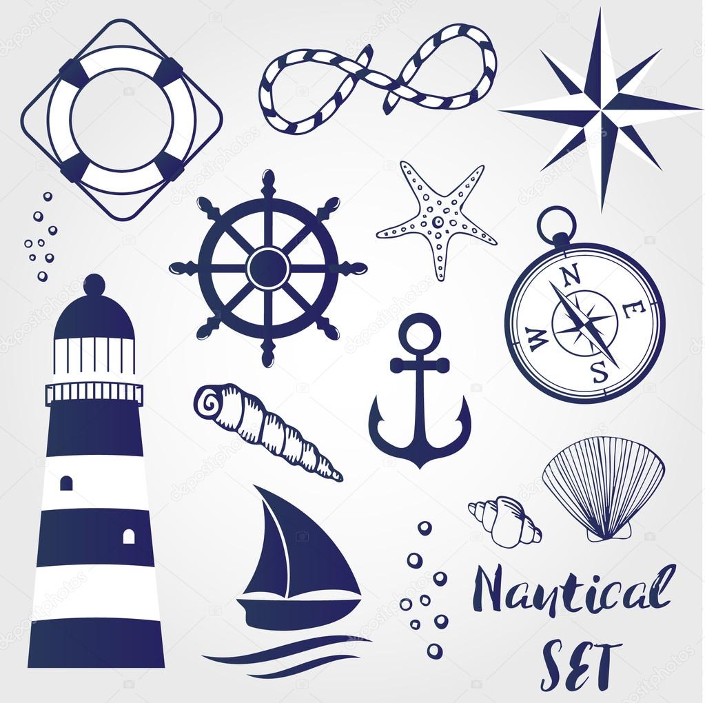 Nautical design elements lighthouse, seashell, coral, starfihh, rope, anchor, steering wheel, life buoy, the wind rose, compass, ship. Can be used for logo textile banner poster scrapbooking and other design