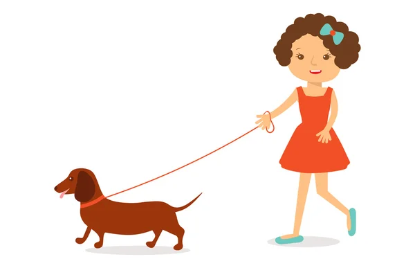Söt liten flicka i röd klänning med lockigt hår Tax hund. — Stock vektor