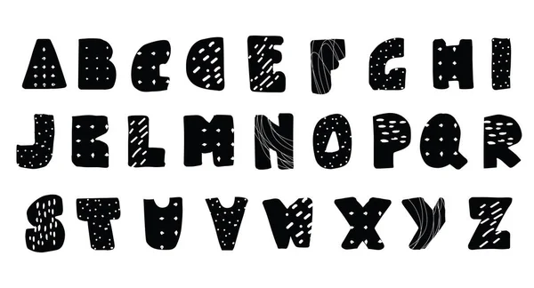 스칸디나비아의 귀여운 벡터 알파벳은 아이들을 위한 것입니다. 손으로 그린 그래픽 글꼴. 타이포그래피 포스터, 카드, 라벨, 팜플렛, 플라이어, 페이지, 배너 디자인에 사용 할 수있다. ABC 카툰 — 스톡 벡터