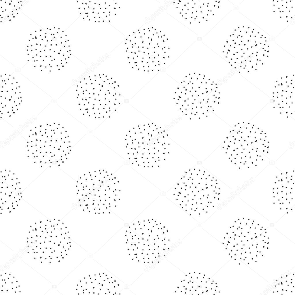 Chaotic Polka Dots Seamless Pattern. Vector painted background from small rounds. Abstract white and black pattern for fabric print, paper card, table cloth, fashion.