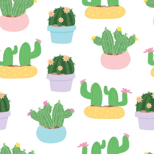 Cactus en pots mignons motif sans couture sur fond à pois. Illustration vectorielle de dessin animé simple. Style de dessin d'enfant mignon fond de cactus endormi. Conception pour tissu et décor. — Image vectorielle