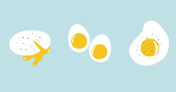 Ilustração vetorial de diferentes maneiras de cozinhar ovos. Cozinhar elementos. Diferentes tipos de ovos cozidos e fritos em estilo plano —  Vetores de Stock