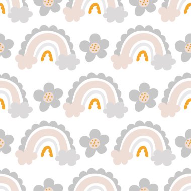 Şirin çocuklar gökkuşağının kusursuz desenini tekrar eden elementler, bulutlar, yıldızlar, güneş ışığı. Vektör İskandinav baskısı, pastel renkler