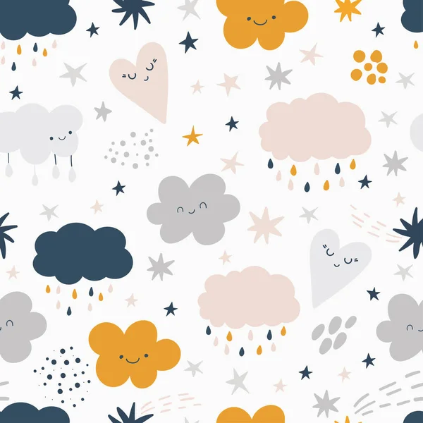 Smiling clouds vector pattern. Cute sky seamless background. Hand drawn illustration for babies, kids. — Stock Vector