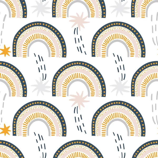 Cute kids nursery rainbow seamless pattern with repeat elements , clouds, stars, sunshine. Vector scandinavian print, pastel colours — Stock Vector