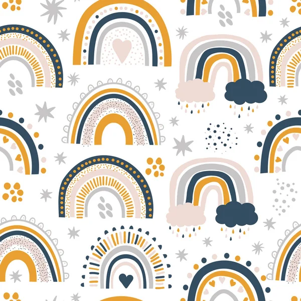 Cute kids nursery rainbow seamless pattern with repeat elements , clouds, stars, sunshine. Vector scandinavian print, pastel colours — Stock Vector