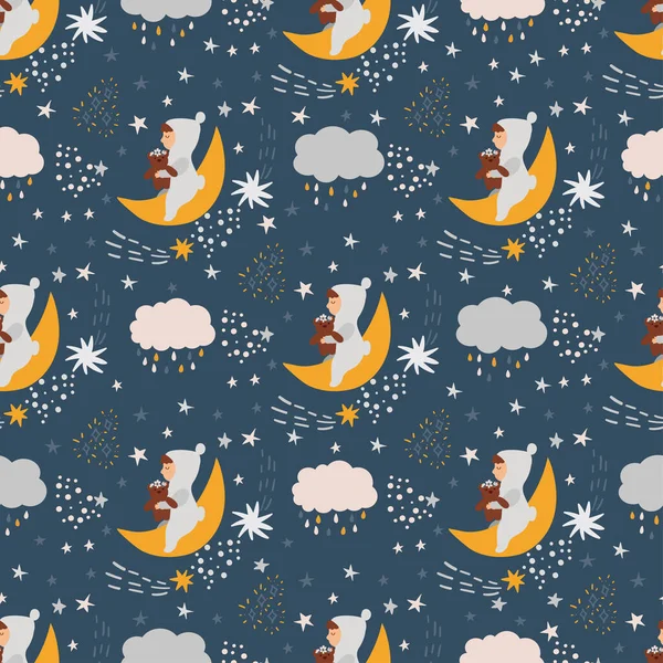 Mignon motif sans couture dans les couleurs pastel. Sleepeng bébé avec jouet ours en peluche, nuages et demi lune. Illustration vectorielle de pépinière. — Image vectorielle