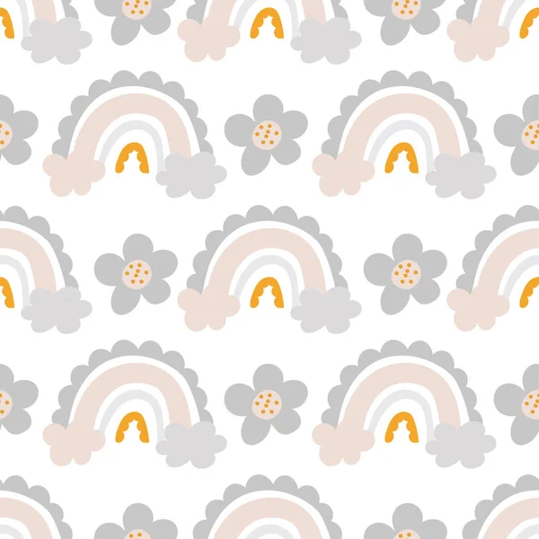 Cute kids nursery rainbow seamless pattern with repeat elements , clouds, stars, sunshine. Vector scandinavian print, pastel colours — Stock Vector